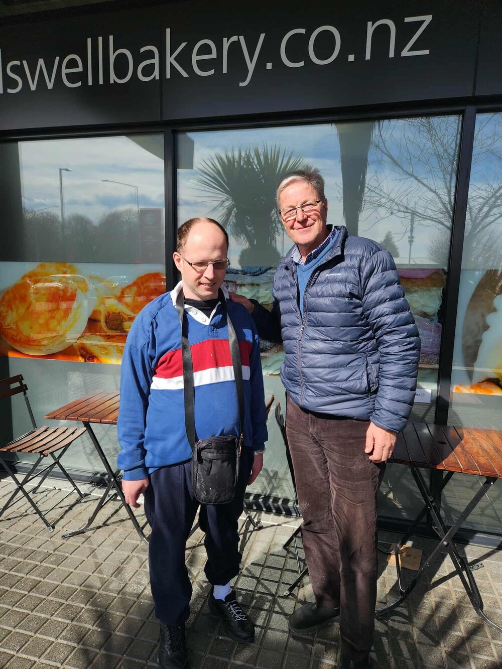 Nathan Beaven with old respite carer john turner outside Halswell Bakery 