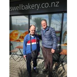 Nathan Beaven with old respite carer john turner outside Halswell Bakery 
